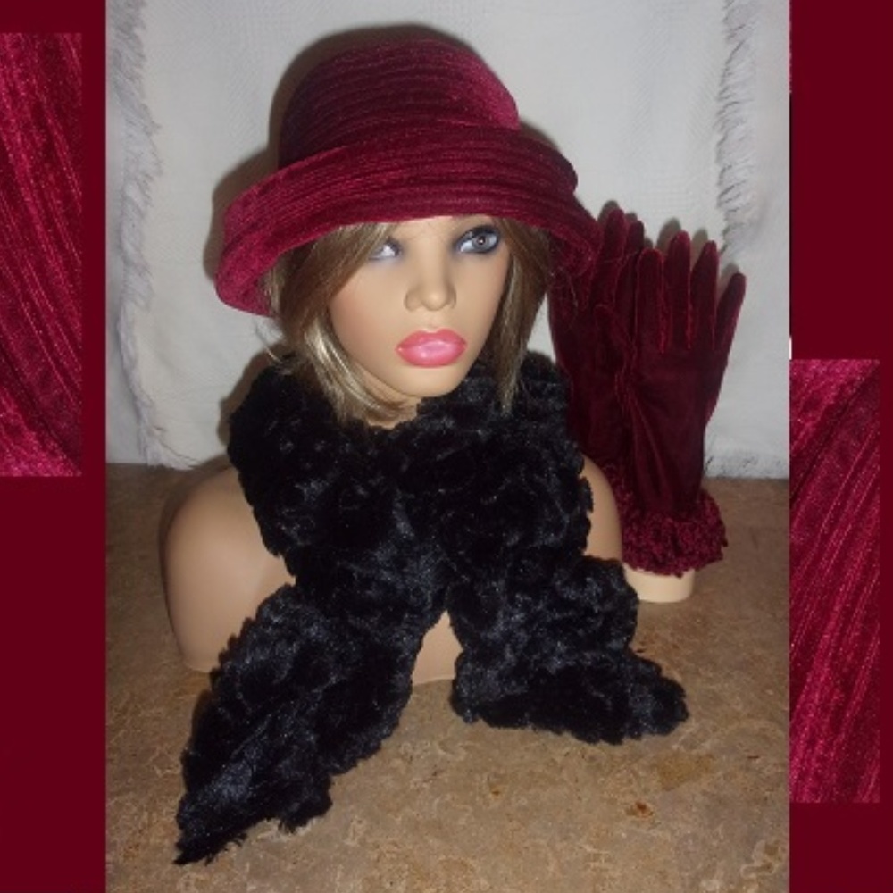 Cranberry Velvet Hat & Gloves, Black FauxFur Scarf